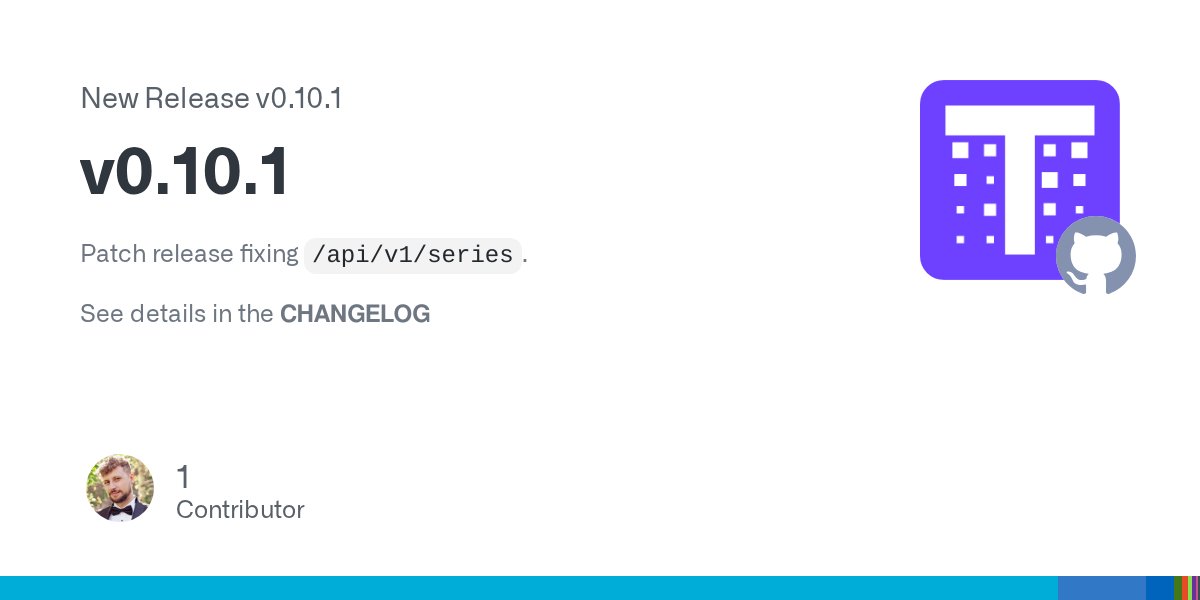 ThanosMetrics's tweet card. Patch release fixing /api/v1/series. See details in the CHANGELOG
