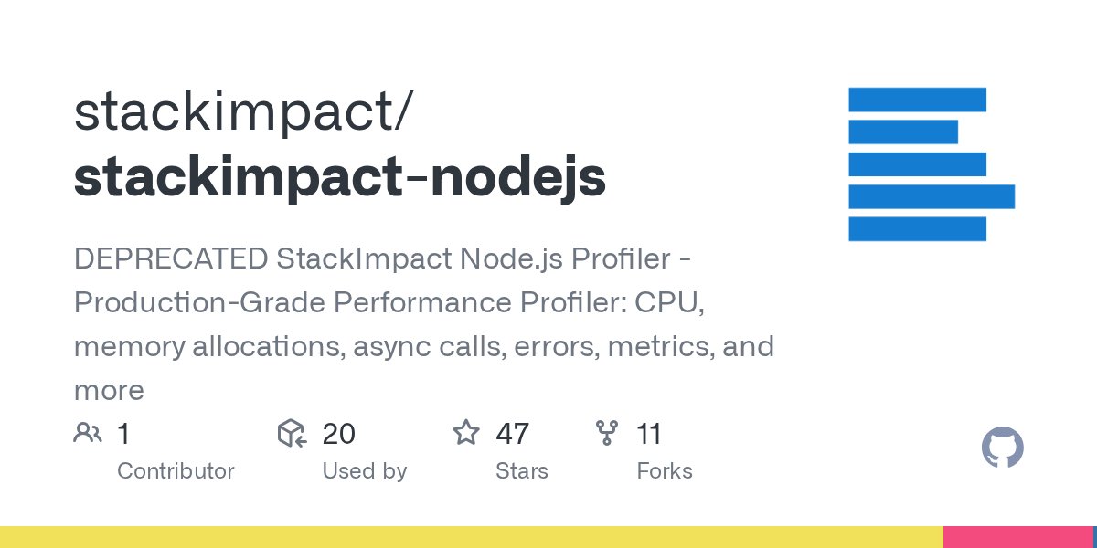 stackimpact's tweet card. DEPRECATED StackImpact Node.js Profiler - Production-Grade Performance Profiler: CPU, memory allocations, async calls, errors, metrics, and more - stackimpact/stackimpact-nodejs