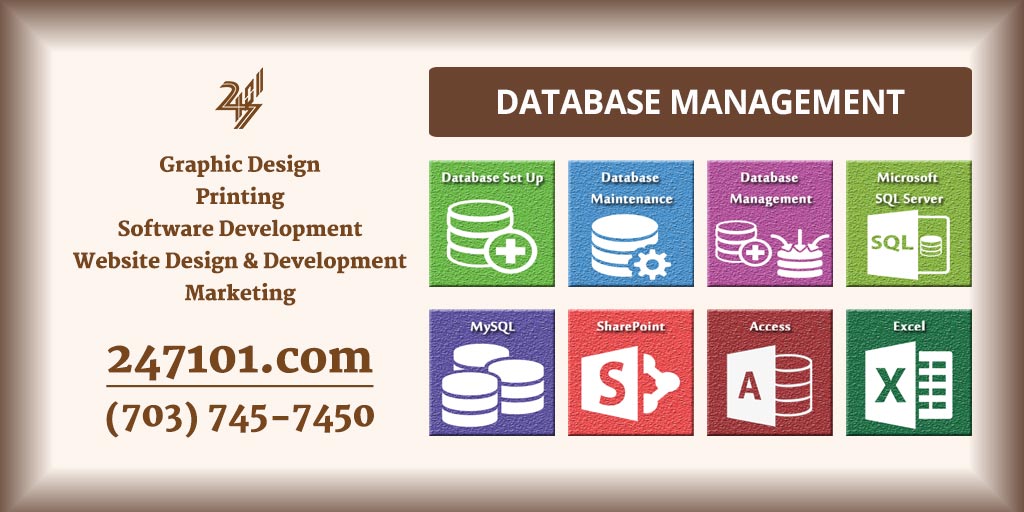 247101Marketing's tweet card. Manage your data efficiently. Database Set Up, Database Management & Maintenance, Database Support, MS SQL Server, MySQL, SharePoint, MS Excel and Access.