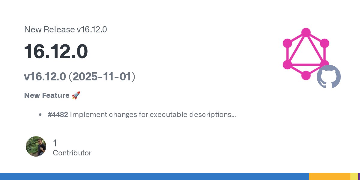 GraphQL's tweet card. v16.12.0 (2025-11-01) New Feature 🚀 #4482 Implement changes for executable descriptions (@JoviDeCroock) #4493 Backport schema coordinates (@JoviDeCroock) Bug Fix 🐞 #4392 Catch unhandled exceptio...