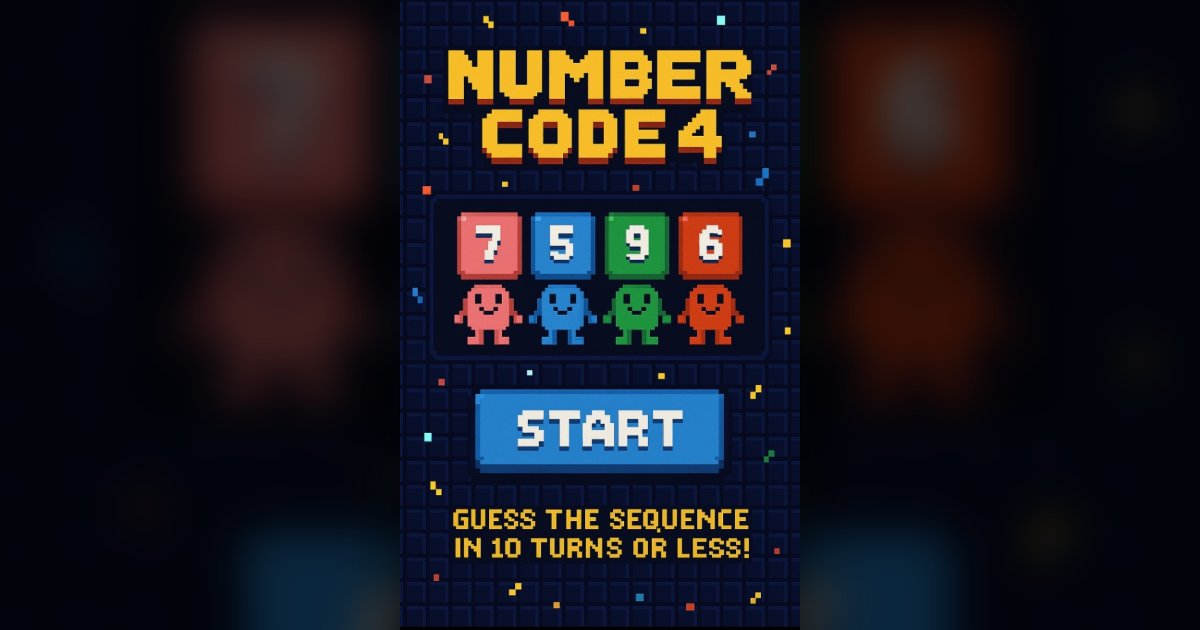 kunikuni0843's tweet card. NUMBER CODE 4 は、1〜9 の数字から重複なしで選ばれた4枚のカードを当てるマスターマインド系パズル。ヒントは「数字だけ正解」「数字と位置が正解」の2種類。10ターン以内に完全一致させ、隠されたコードを解読しよう！