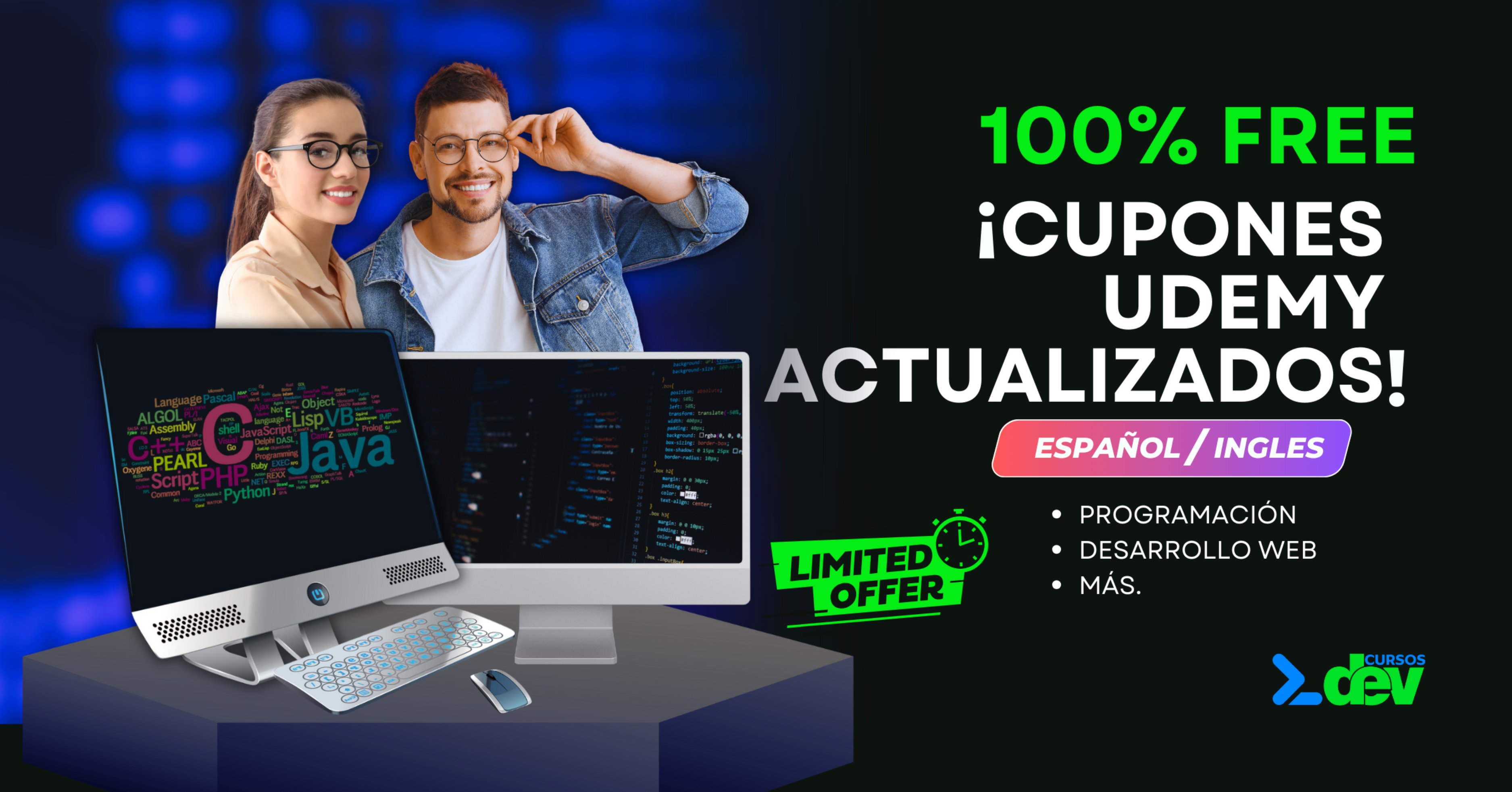 CursosDev's tweet card. Aprovecha los mejores cupones de Udemy con descuentos del 100%. Cursos gratis en programación, marketing, diseño y más. ¡Aprende hoy sin pagar un solo peso! 🔥 Cupones actualizados diariamente.