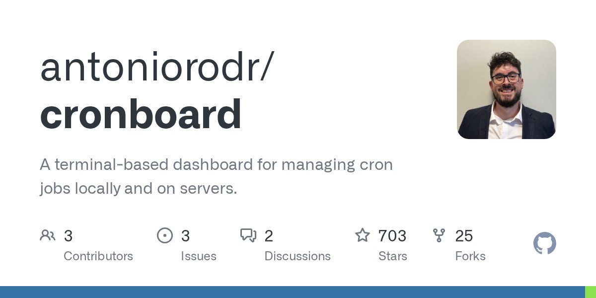 heyvaldemar's tweet card. A terminal-based dashboard for managing cron jobs locally and on servers. - antoniorodr/cronboard