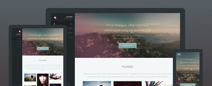 JuliusWebForPr1's tweet card. This is Prologue, a simple, single page responsive site template. It features a clean, minimalistic design and a sticky sidebar with navigation-linked scrolling.
