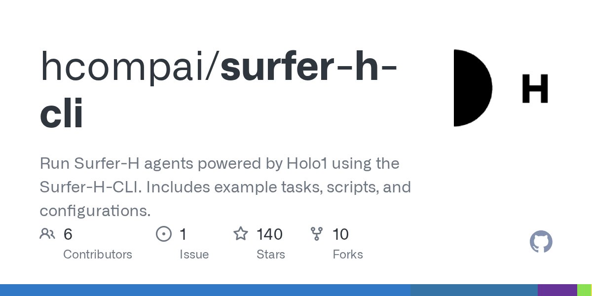 TheAIWorker's tweet card. Run Surfer-H agents powered by Holo1 using the Surfer-H-CLI. Includes example tasks, scripts, and configurations. - hcompai/surfer-h-cli