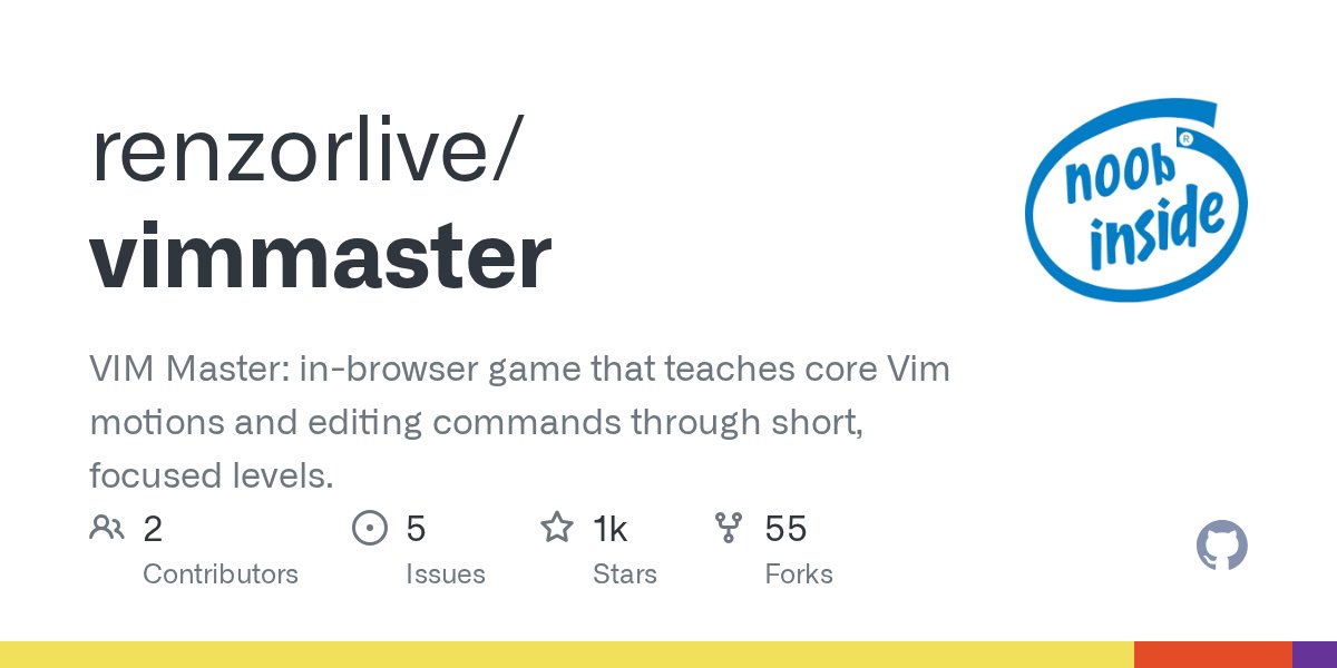 tom_doerr's tweet card. VIM Master: in-browser game that teaches core Vim motions and editing commands through short, focused levels. - GitHub - renzorlive/vimmaster: VIM Master: in-browser game that teaches core Vim mot...