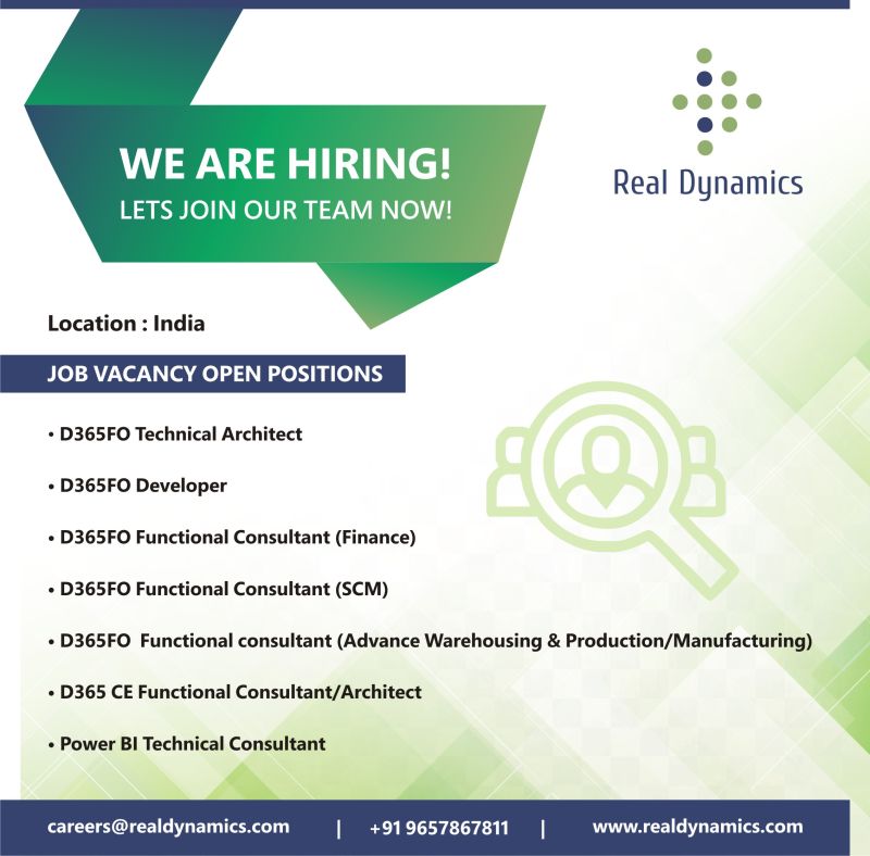 yogeshkasat's tweet card. We are hiring at Real Dynamics for several roles in Microsoft D365! Looking for talented individuals to be part of our growing team. Interested folks can connect us at careers@realdynamics.com...