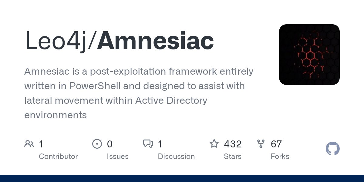 francescofaenzi's tweet card. Amnesiac is a post-exploitation framework entirely written in PowerShell and designed to assist with lateral movement within Active Directory environments - Leo4j/Amnesiac