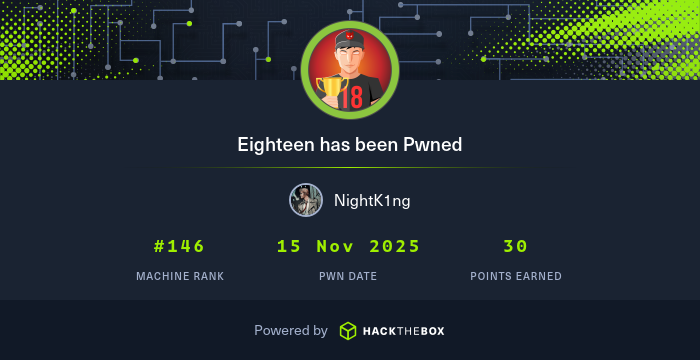 nico_sec's tweet card. I have just owned machine Eighteen from Hack The Box