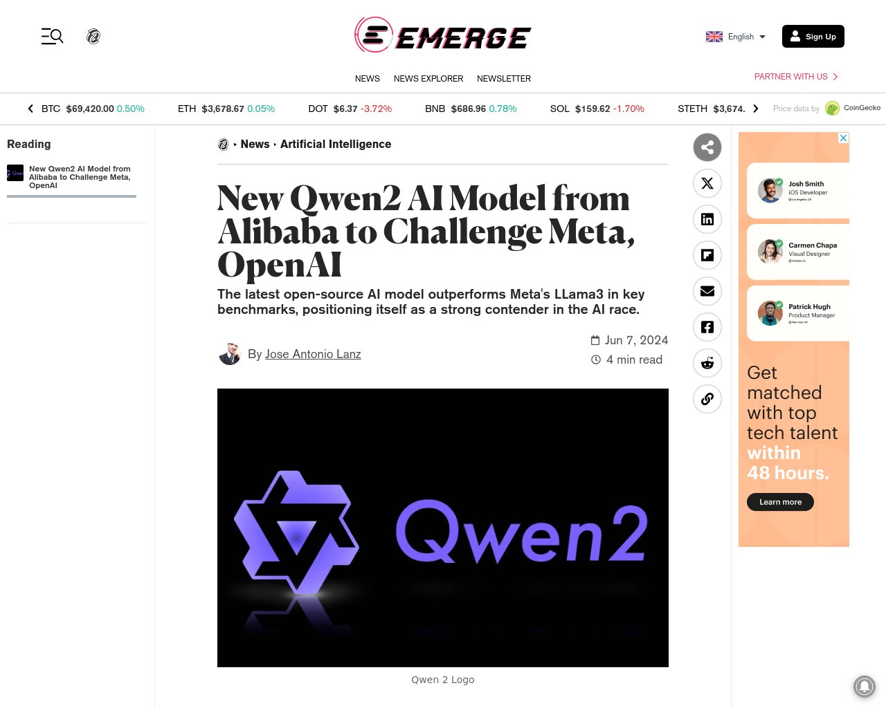managetech_inc's tweet card. Alibabaが最新のAIモデルであるQwen2をリリース Qwen2はQwenモデルファミリーの次世代で、多