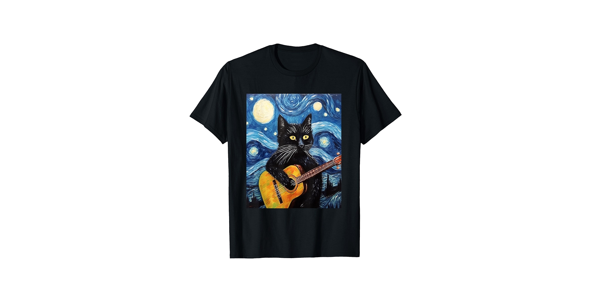 MandyWalke78967's tweet card. Funny Starry Night van Gogh Black Cat playing guitar Art T-Shirt