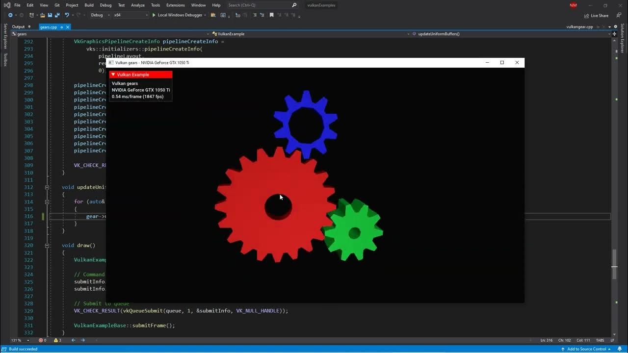 seamlessblend's tweet card. Vulkan API Discussion | gears.cpp 6 | updateUniformBuffers() | Cuda...