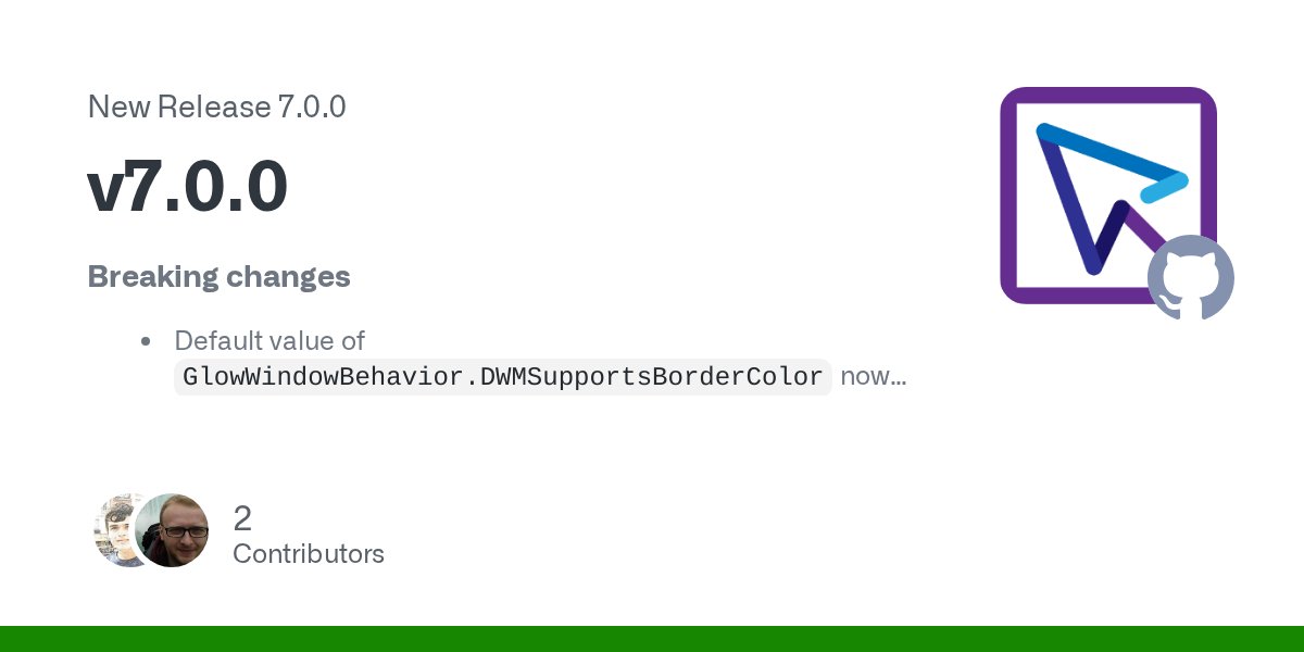 batzendev's tweet card. Breaking changes Default value of GlowWindowBehavior.DWMSupportsBorderColor now depends on the OS version Constants.ResizeCornerGripThickness was changed from 18 to 12 Enhancements/Features #194...
