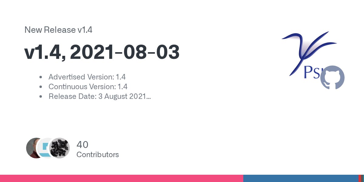 PSI_Code's tweet card. Advertised Version: 1.4 Continuous Version: 1.4 Release Date: 3 August 2021 Documentation: https://psicode.org/psi4manual/1.4.0/ Availability: Public, GitHub source, CMake build, Conda binary insta...