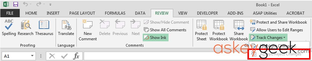 asKeygeek's tweet card. Step by step instructions with images to disable Track Changes in Excel to enable Insert Button under Developer tab.