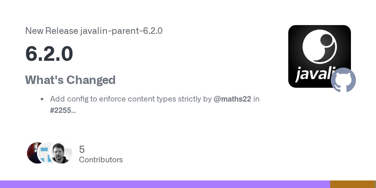 javalin_io's tweet card. What's Changed Add config to enforce content types strictly by @maths22 in #2255 Fix documentation links in doc comments by @angusholder in #2271 Enable OSGi bundle packaging for Javalin v6. b...