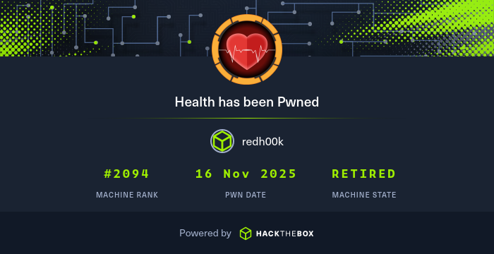 redh00k_k's tweet card. I have just owned machine Health from Hack The Box