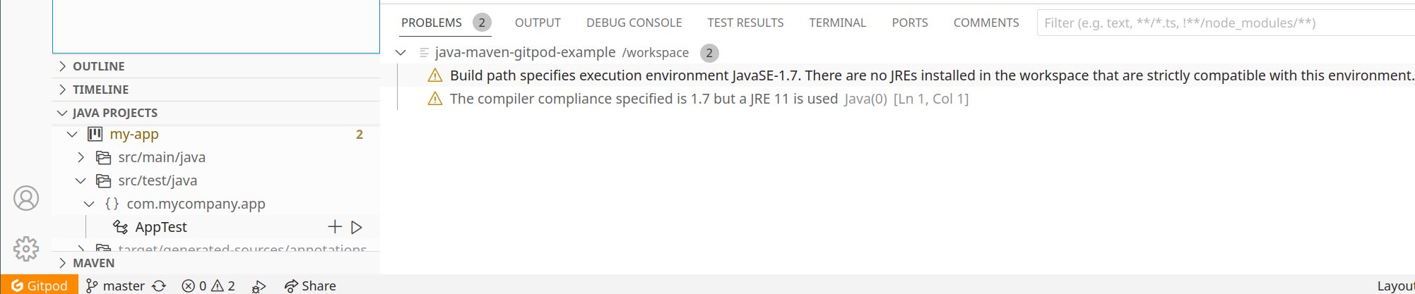 lorenzo_bettini's tweet card. This is the 3rd post about using Java in Gitpod. It assumes you have already read the first and second posts. On the bottom, we can see that there are two warnings on our project; let’s click…
