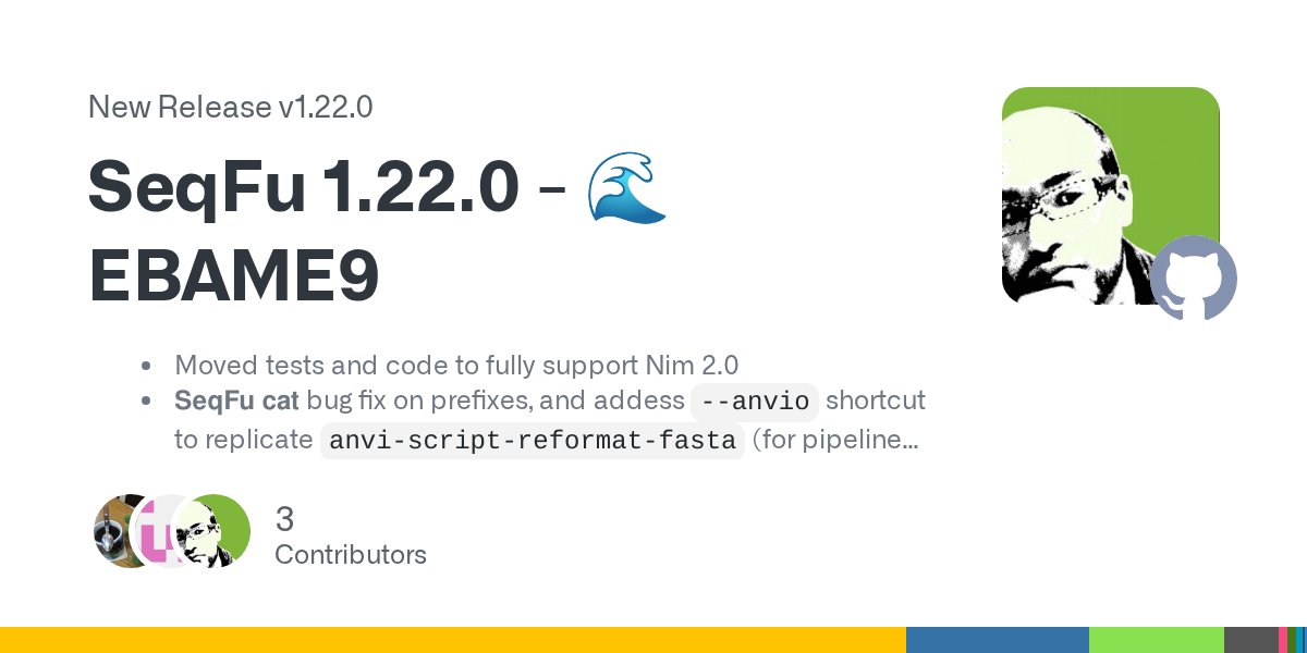SeqFu2's tweet card. Moved tests and code to fully support Nim 2.0 SeqFu cat bug fix on prefixes, and addess --anvio shortcut to replicate anvi-script-reformat-fasta (for pipelines preparing data for Anvi'o SeqFu m...