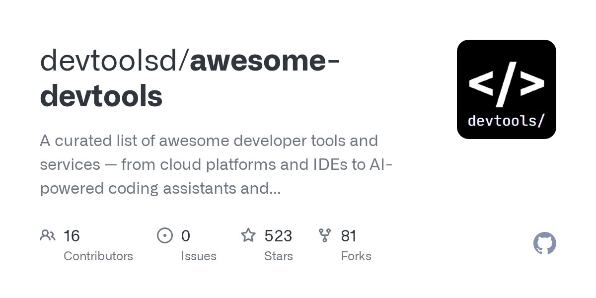 dariubs's tweet card. A curated list of awesome developer tools and services — from cloud platforms and IDEs to AI-powered coding assistants and productivity utilities. - devtoolsd/awesome-devtools
