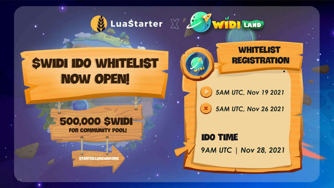 LuaSwap's tweet card. Join the $WIDI Whitelist on LuaStarter! 500,000 $WIDI Allocation to WIN! WidiLand is a cross-platform colony management game that utilizes blockchain technology. The story is about a group of elite...