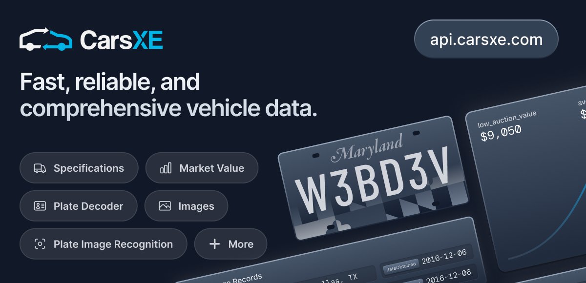 carsxe_api's tweet card. Unlock powerful vehicle data with CarsXE APIs — VIN decoding, license plate recognition, market value, history reports, recalls, images, OCR, and more for global coverage.