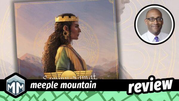 meeplemountain's tweet card. Justin tackles the new cooperative event-driven challenge game Sammu-ramat, published by Ion Game Design!