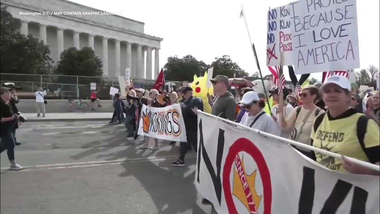 WashingtonNews9's tweet card. "At No Kings protest in Washington D.C., thousands march and chant...