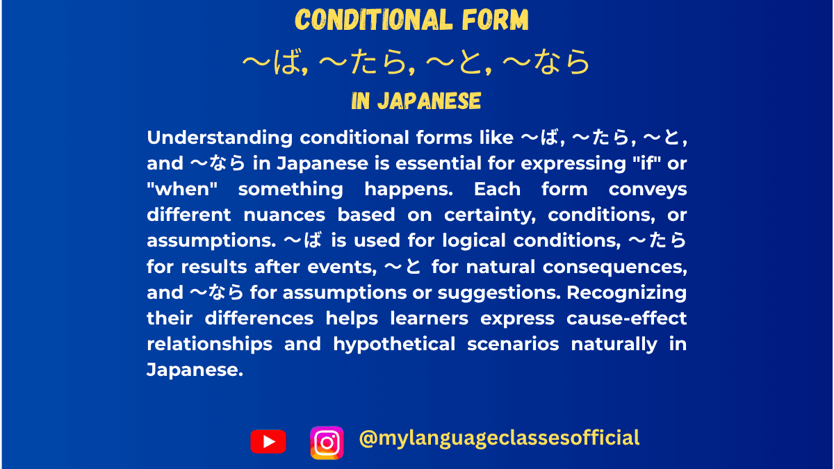 learnwithmlc's tweet card. Master Japanese conditional forms 〜ば, 〜たら, 〜と, 〜なら with clear explanations, comparisons, and real-life example sentences.
