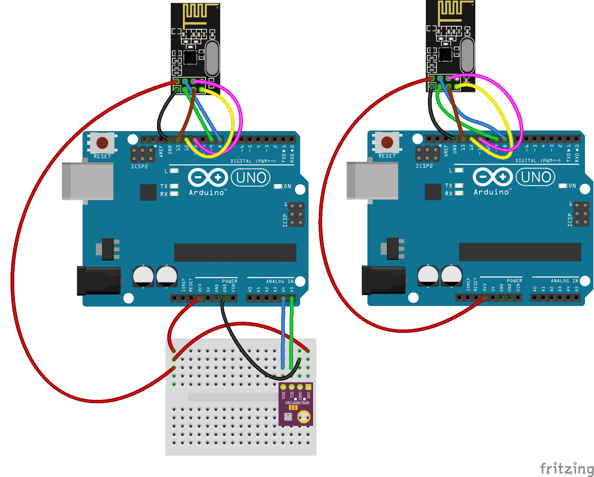 circuitbasics's tweet card. Learn how to setup wireless communication between two Arduinos using the NRF24L01 transceiver. Wiring diagrams and code are provided.