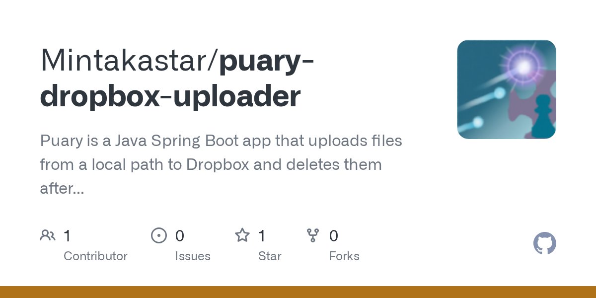 mintaka_star's tweet card. Puary is a Java Spring Boot app that uploads files from a local path to Dropbox and deletes them after a successful upload. Lightweight and configurable, it's ideal for backups, log handlin...