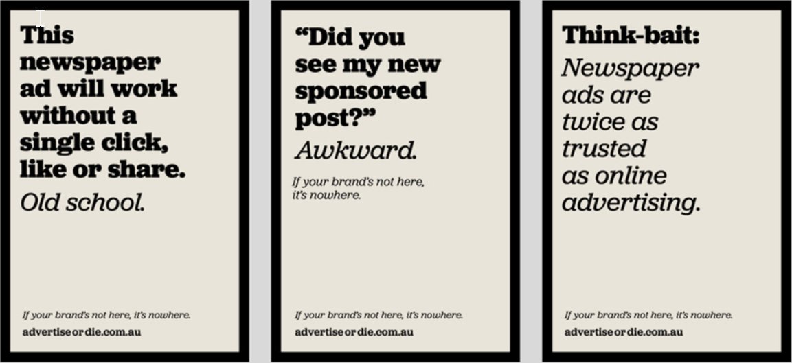 kmiddlemis's tweet card. The biggest media owners in Australia have united on Advertise or Die, a campaign which targets the c-suite executives with confronting messages reminding them of the important impact advertising has...