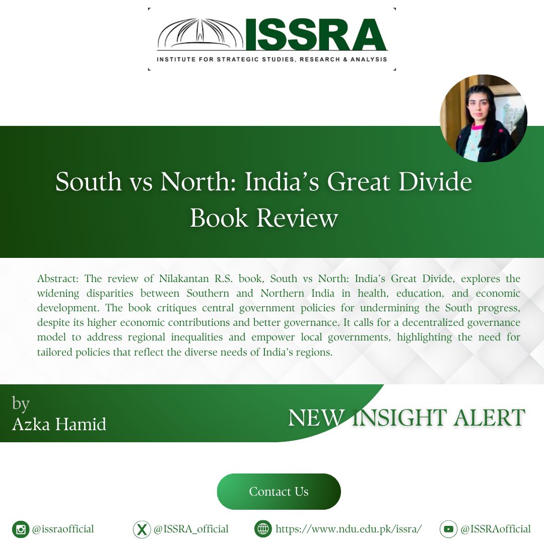 AzkaHamid2's tweet card. The review of Nilakantan R.S. book, South vs North: India’s Great Divide, explores the widening disparities between Southern and Northern India in health, education, and economic development. The...