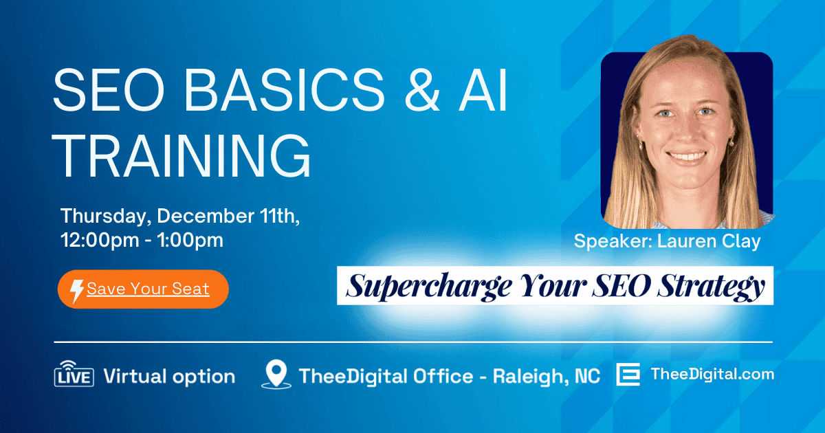 TheeDigital's tweet card. Join our free SEO Basics Training! Learn to create SEO-friendly content, optimize images, and enhance your site for better search rankings.