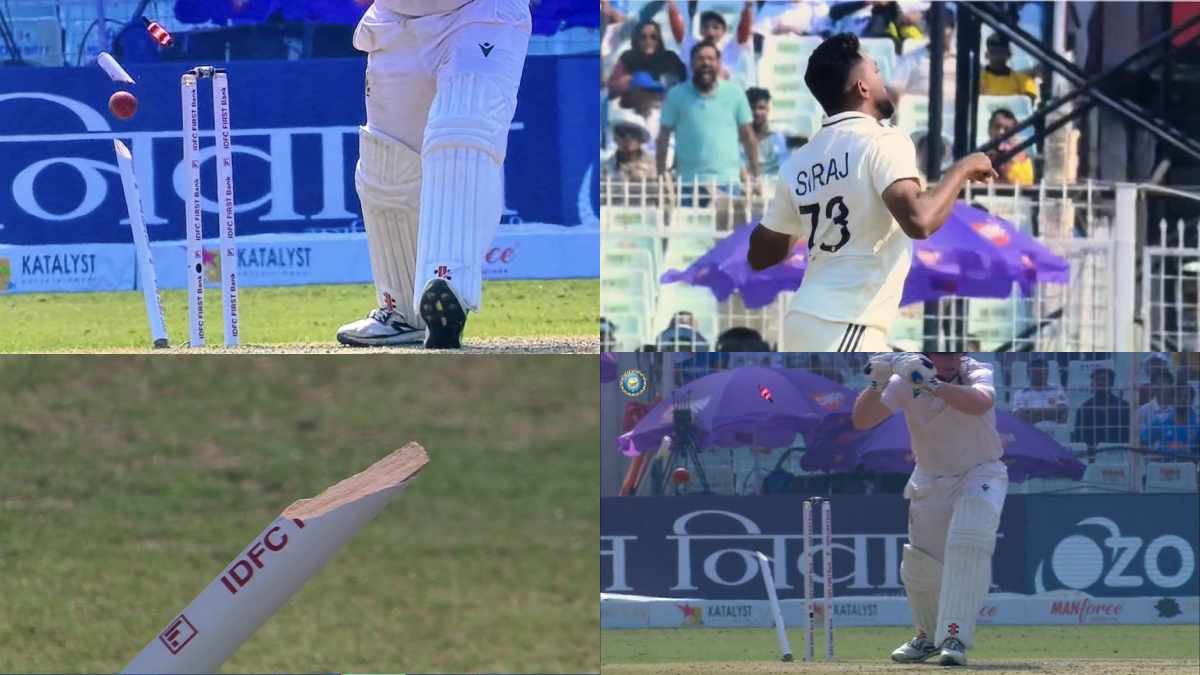 LoksattaLive's tweet card. Mohammad Siraj Rocket Ball Breaks Stumps Clean Bowled Harmer Video Viral Ind Vs Sa 1st Test Bdg 99 - Mohammad Siraj break Stump with ball video: मोहम्मद सिराजने कमालीचा चेंडू टाकत सायमन हार्मरला...