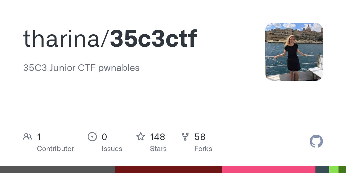 mnnle's tweet card. 35C3 Junior CTF pwnables. Contribute to tharina/35c3ctf development by creating an account on GitHub.