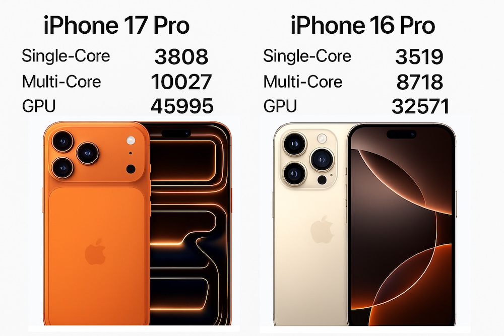 techgrapple's tweet card. Geekbench 6 CPU and GPU benchmark Apple iPhone 17 Pro Max with Apple A19 pro chip compared with Apple A18 Pro in iPhone 16 Pro Max