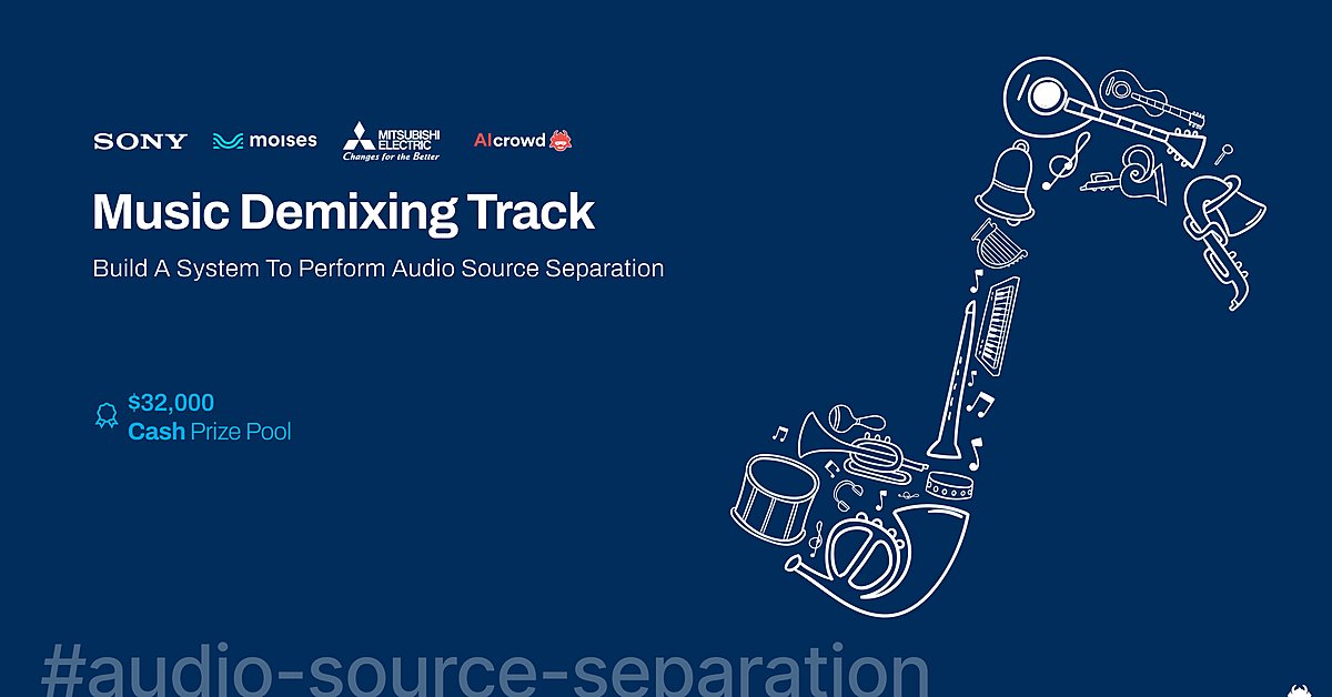 sounddemix's tweet card. Music source separation of an audio signal into separate tracks for vocals, bass, drums, and other