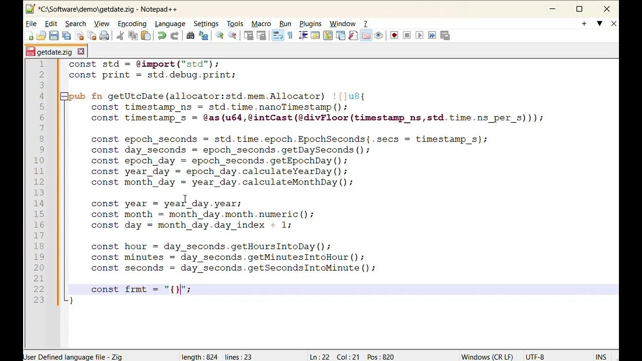 HarshadCRM's tweet card. Get UTC Date in Zig Programming Language
