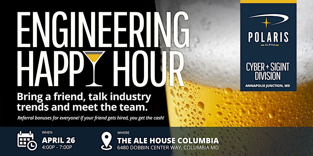 LinkedConnector's tweet card. ENGINEERING HAPPY HOUR Wednesday, April 26th 4:00 - 7:00pm(EDT) - @ The Ale House Columbia Come and bring a friend, talk industry and tech trends, and discover what POLARIS ALPHA is all about! Meet...