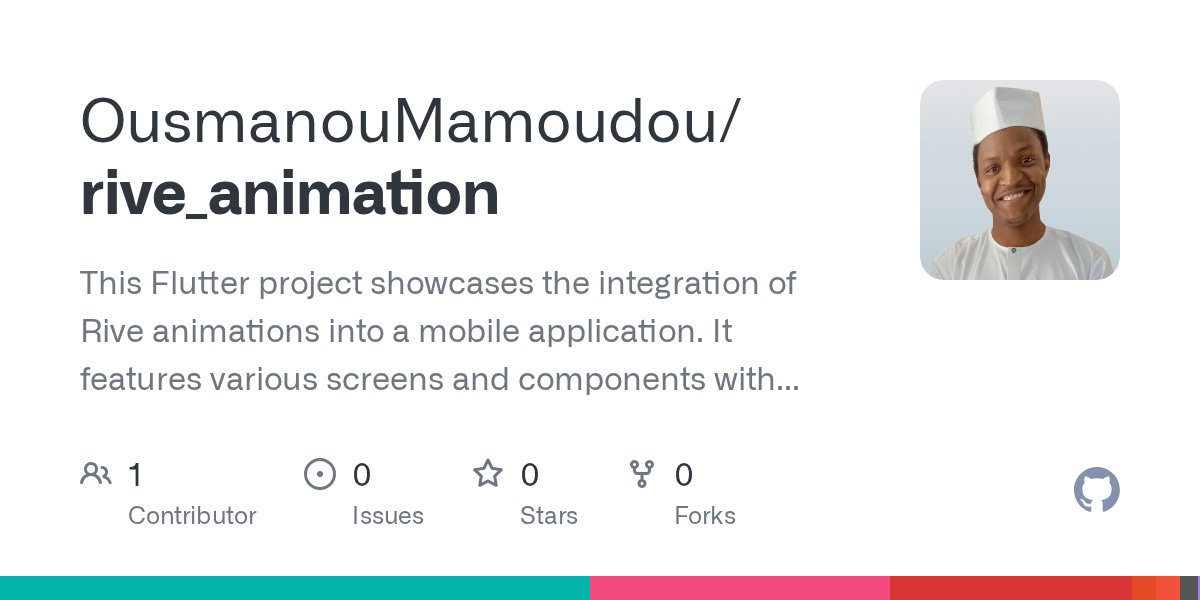ous_manou's tweet card. This Flutter project showcases the integration of Rive animations into a mobile application. It features various screens and components with animated elements created using the Rive animation tool....