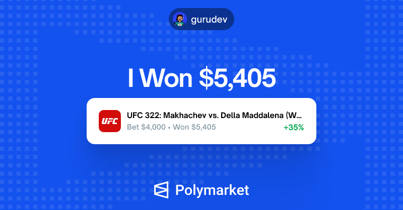 gurudevweb's tweet card. Check out my winning bets on Polymarket - I just redeemed $5,405.41 from 1 market.