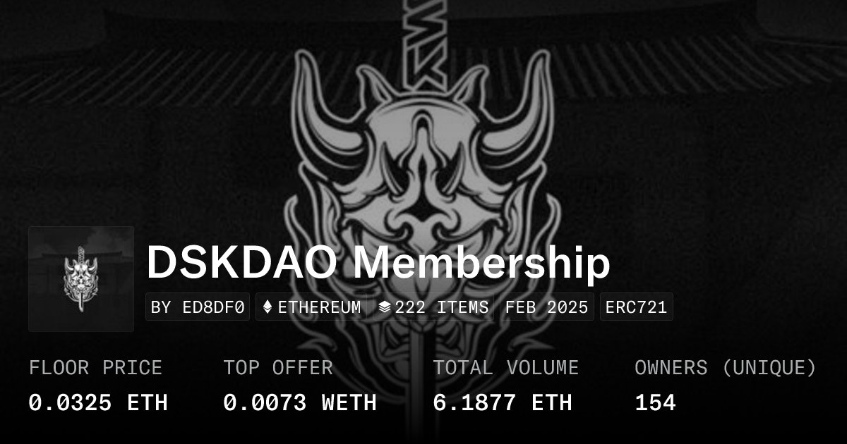 _DSKDAO_'s tweet card. Founding members of the dojo, a digital ecosystem of organic organisms growing and building together. Membership grants access into the Dojo. The key to everything we build.