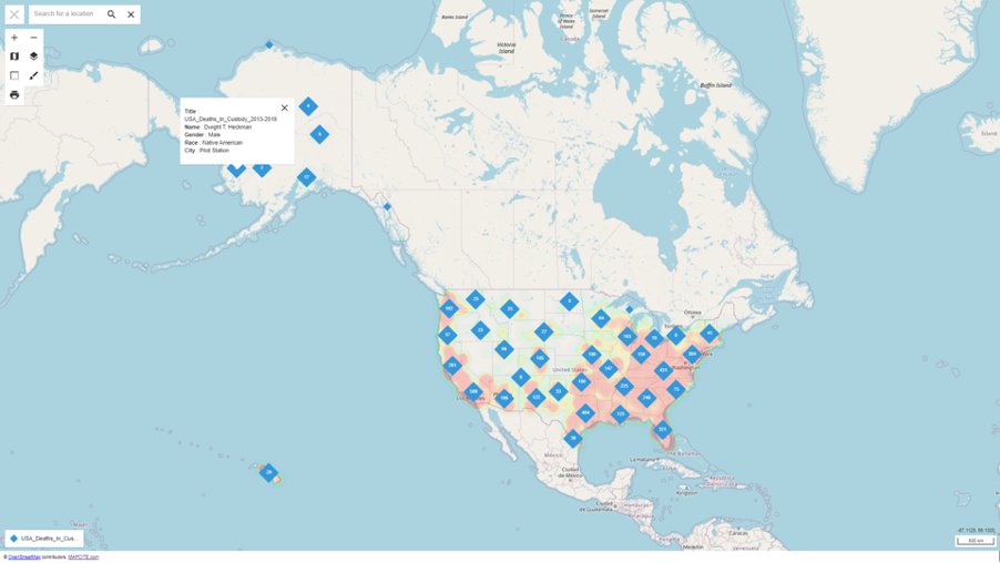 MAPCITE's tweet card. Mapcite Publisher interactive map of all reported deaths in police custody in the USA between 2013 and 2019. In the interactive digital map published