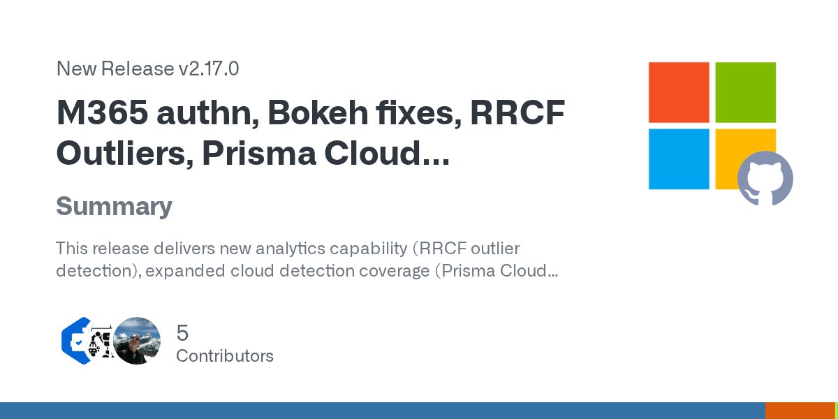 T_8ase's tweet card. Summary This release delivers new analytics capability (RRCF outlier detection), expanded cloud detection coverage (Prisma Cloud AWS), and a modernization of authentication by moving Defender data ...