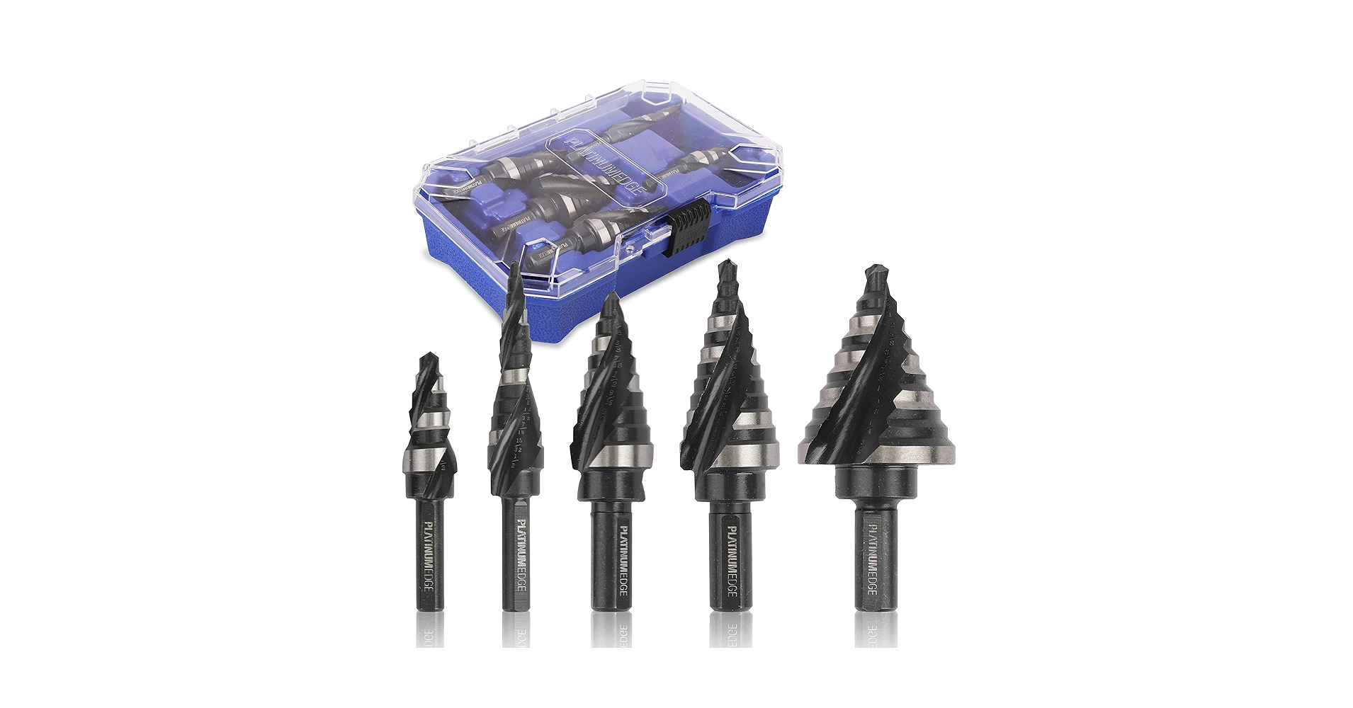 ToolsSumex's tweet card. 5PCS-50sizes - Bit #1 (6 Steps): 3/16"-1/2"; Bit #2 (9 Steps): 1/4"-3/4".Bit #3 (13 Steps): 1/8"- 1/2". Bit #4 (12 Steps):3/16"- 7/8". Bit #5 (10 Steps):1/4" - 1-3/8".