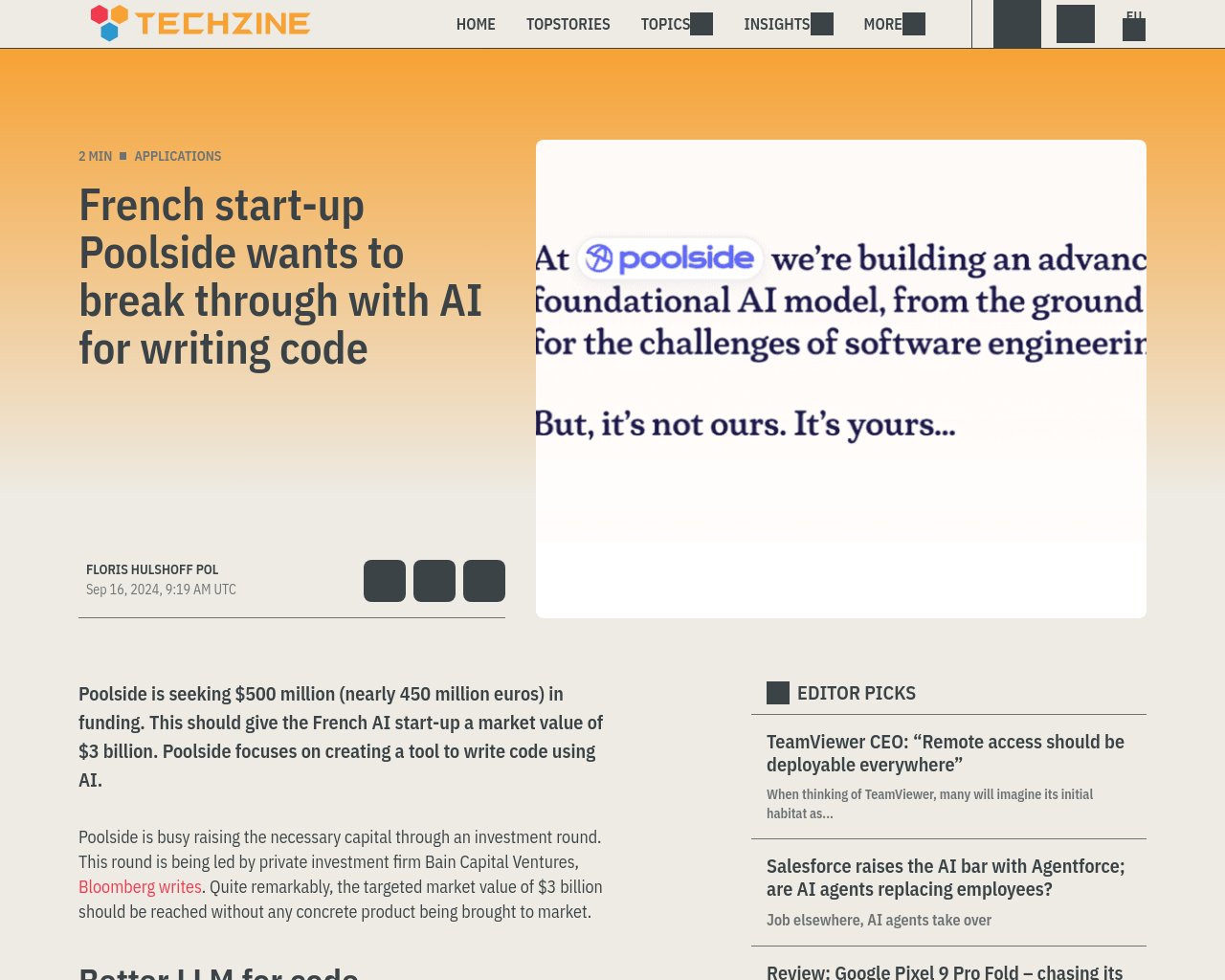 managetech_inc's tweet card. Poolsideは5億ドル（約4.5億ユーロ）の資金調達を目指しており、フランスのAIスタートアップの時価総額