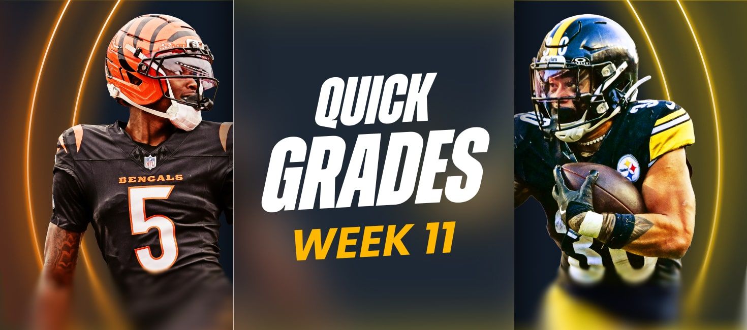 FantasyProsHub's tweet card. Fantasy football start sit rankings for Week 11: Quick Grades assigns A–F grades with notes for every player.