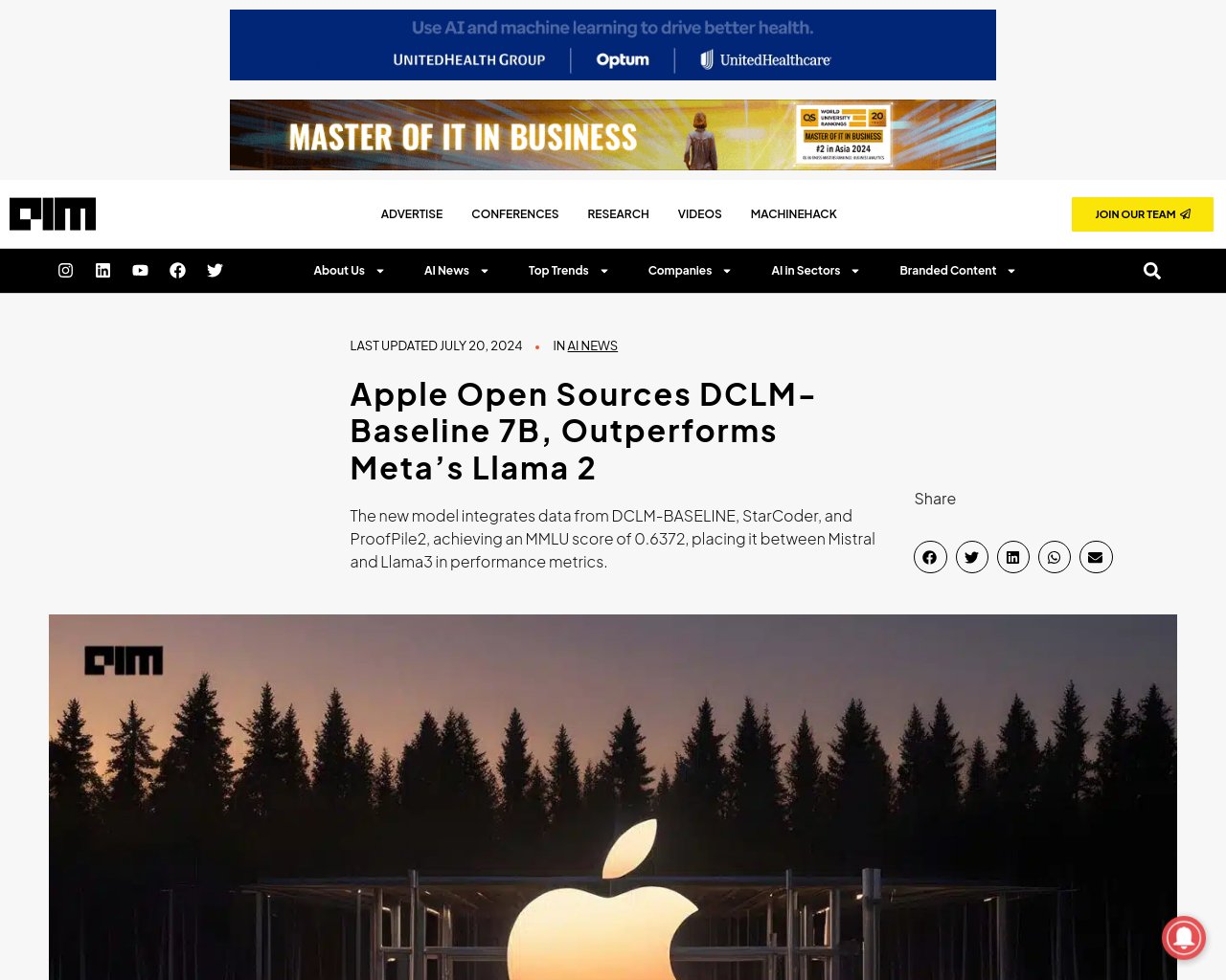 managetech_inc's tweet card. Appleが新しいオープンソースのLLM、DCLM-Baseline 7Bをリリース モデルは、7 billi
