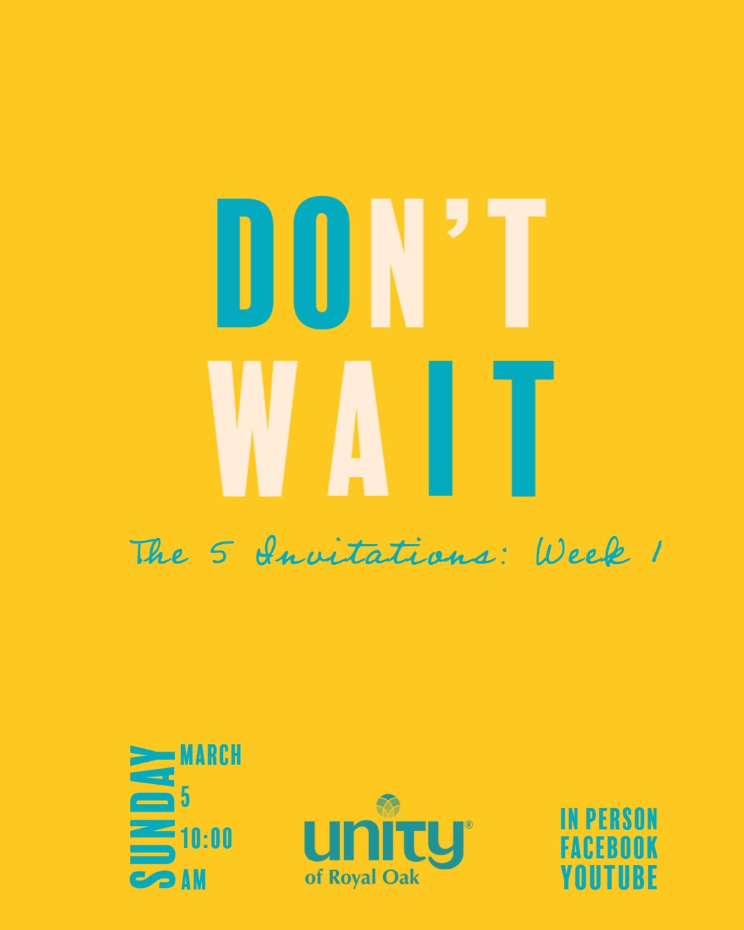 UnityRo's tweet card. Join us this Sunday @ 10 AM (ET) for Week 1 of our new series, The 5 Invitations. Musical guest, Stacey Peckens. In Person | Facebook | YouTube